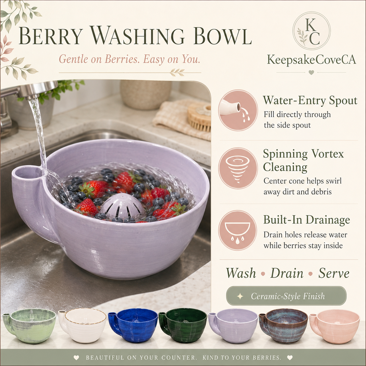 Berry Bowl | Vortex Fruit Washing Bowl | 7 Colors | Kitchen